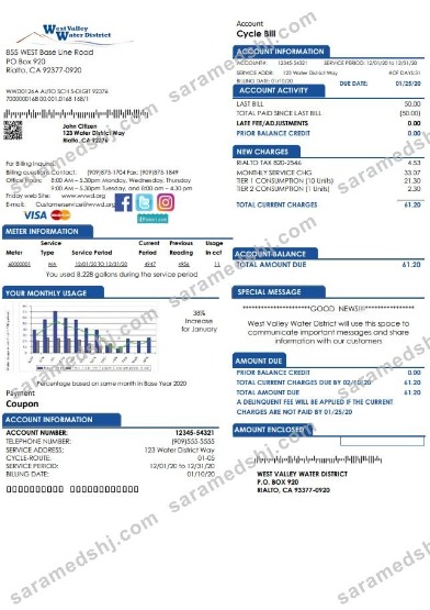USA California West Valley Water District utility bill template in Word and PDF format